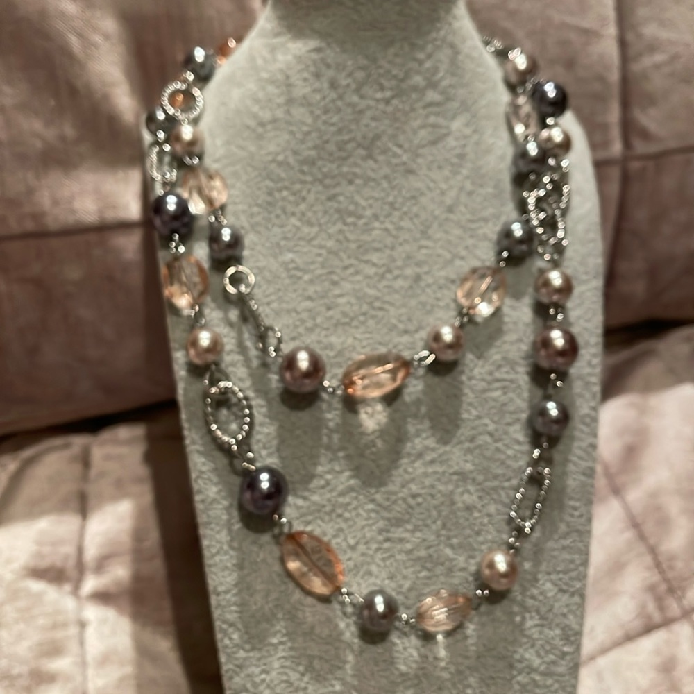 Grey Pearl & Pink Crystal Necklace 34” Long